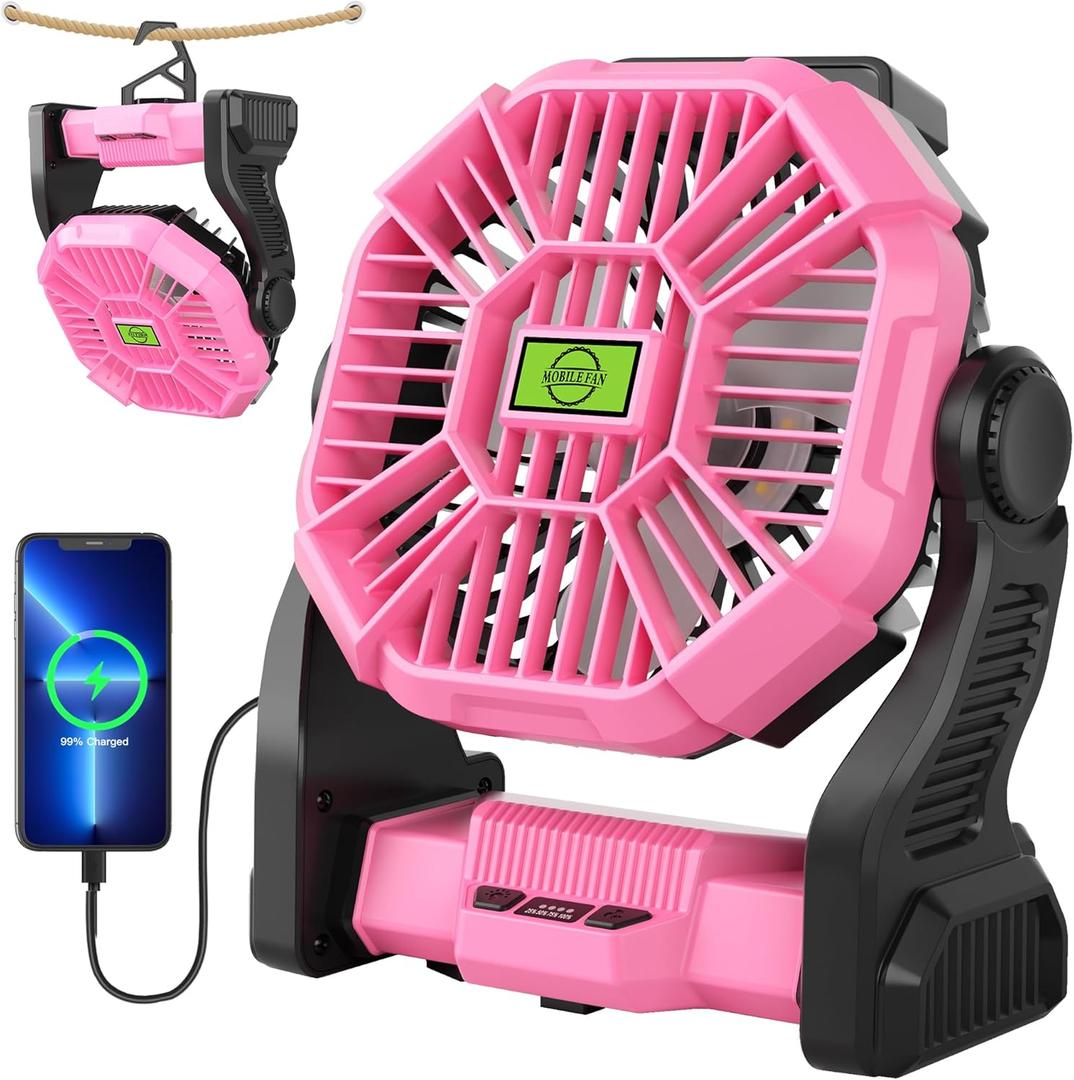 Portable Fan Rechargeable Camping Essentials, Cordless Camping Fan Battery Powered with Led Lights & 360Hook, USB Battery Operated Fans for Women,4 Speeds Tent Portable for Traveling X23 Pink