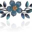 Wesiti Metal Flower Wall Decor Vintage Spring Metal Flower Wrought Iron Scroll Sculpture 15.7''x3.7'' Farmhouse Leaves Wall Decor with Nails for Spring Living Room Bedroom Indoor Outdoor(Blue)