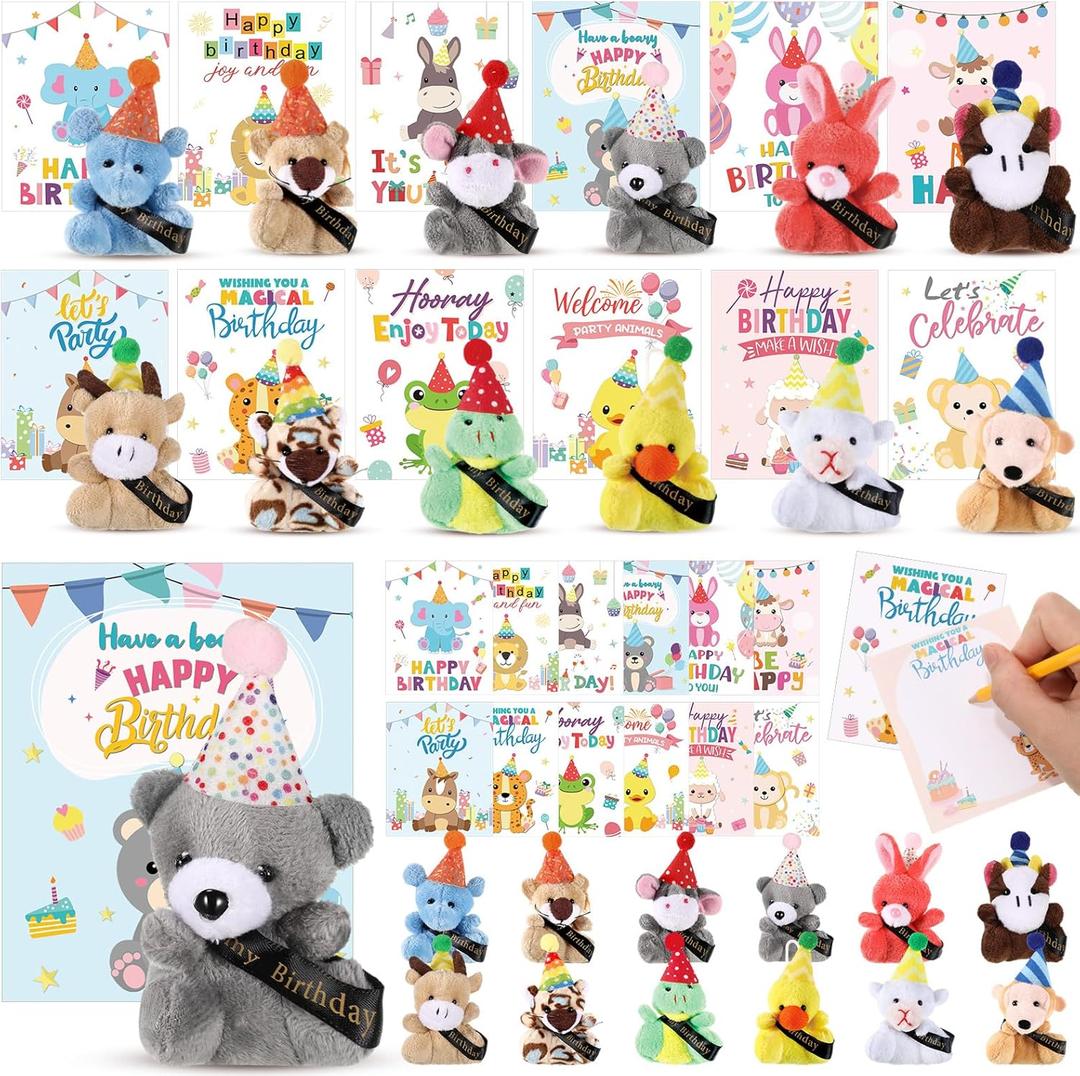 Birthday Mini Plush Toy with Hats, Party Decor Stuffed Animal Bulk for Student Classroom Reward Gifts Goodie Bag Stuffers (48 Pcs, Plush Animal with Card)