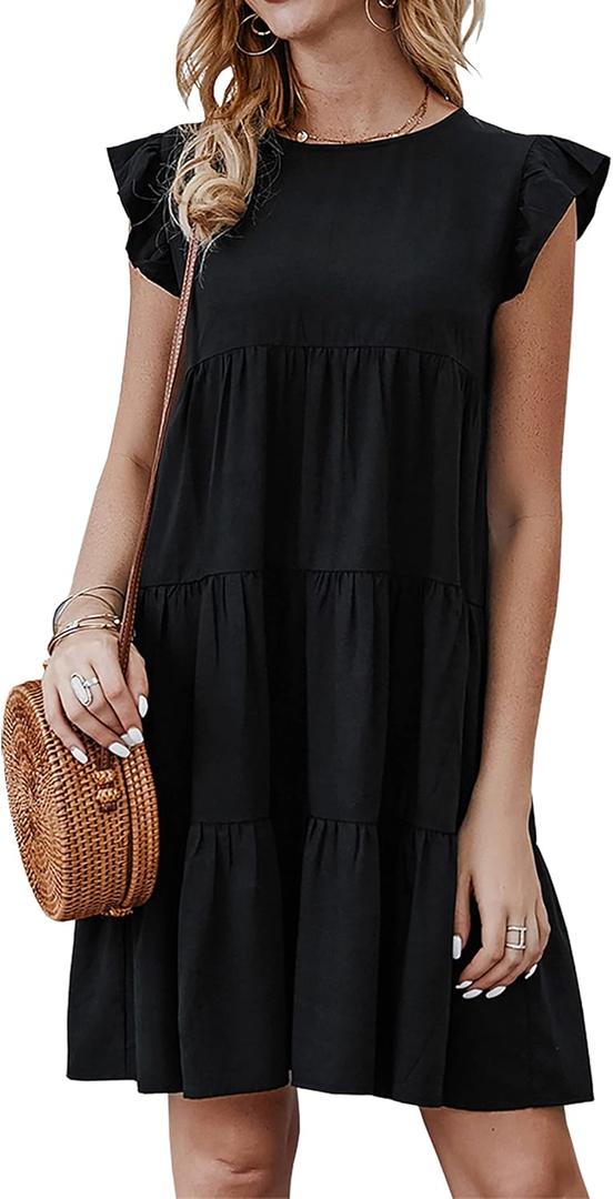 KIRUNDO Summer Dresses for Women Sundress Sleeveless Ruffle Sleeve Round Neck Loose Short Flowy Pleated Mini Babydoll Dress (Large, Black)
