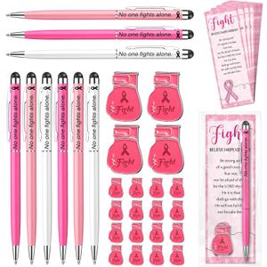 60 Set Breast Cancer Awareness Items Cancer Care Gifts Bulk No One Fights Alone Ballpoint Pens & Pink Ribbon Lapel Pins Boxing Glove Brooches Charity Event Accessories for Women Girls