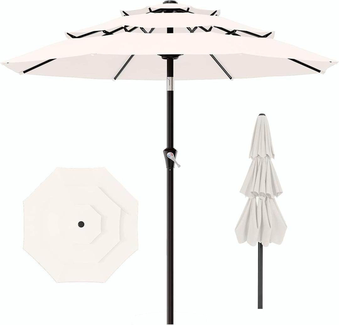 AreShark 9ft 3-Tier Patio Umbrellas, Outdoor Umbrella with 8 Sturdy Ribs UV Protection Windproof, Market Table Umbrella w/Push Button Tilt & Crank for Pool, Porch, Deck, Garden(Cream White)