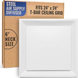 Fits 24x24 Steel T-Bar Drop Ceiling Grid | 2x2 Feet Lay in Steel Air Supply Diffuser with Round 6" [Neck Size] by Handua | Flat Plate Plaque Diffuser | White | Outer Dimension: 23-3/4" x 23-3/4"