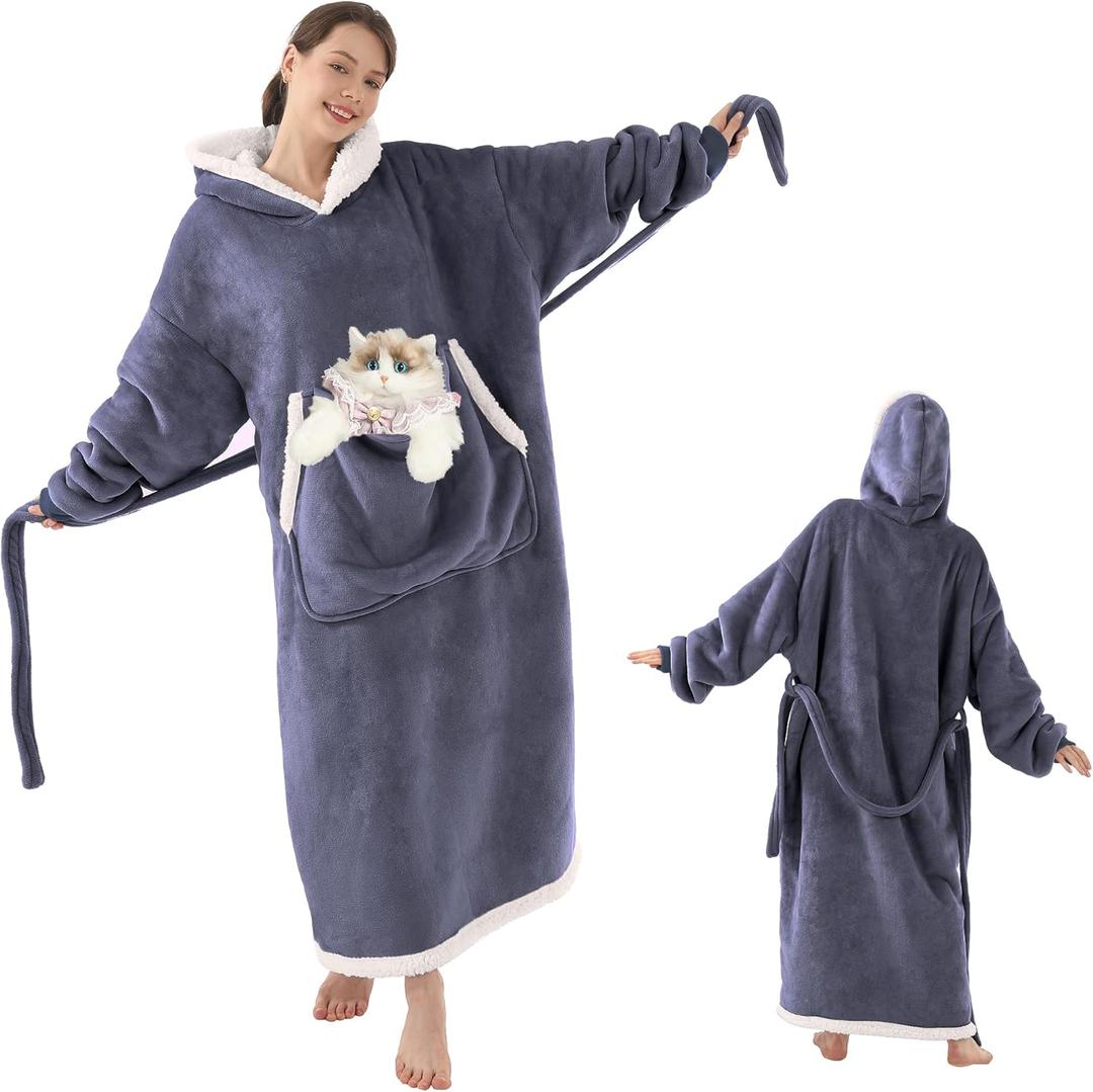 Wearable Blanket Hoodie with Cat Pouch, Gifts for Women Mom Girlfriend Pet Lovers, Extra Soft Sherpa Fleece & Cozy Flannel Blanket Sweatshirt, Gray Purple (Standard)
