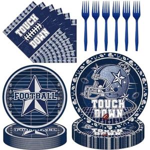 Hokinaa Cowboy Football Party Decorations - 96 Pcs Blue American Rugby Sports Paper Disposable Plate Napkin Forks Tableware Set, Happy Birthday Supplies Decor for Boys Men Lovers Serves 24 Guests