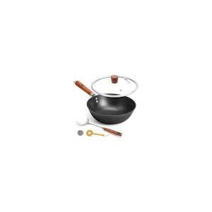 WANGYUANJI Cast Iron Wok Pan with Lid, 10.2 Inch Small Flat Bottom Stir Fry Skillet, Uncoated Traditional Chinese Iron Pot for 12 People, Compatible with Induction & Gas Stoves