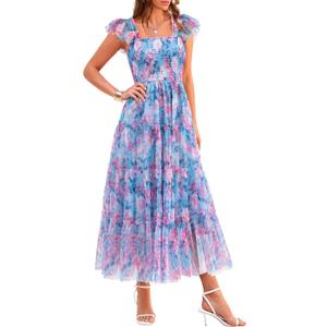 PRETTYGARDEN Women's Summer Tulle Midi Dress Sleeveless Smocked Ruffle Flowy Mesh Dresses Party Wedding Guest Sundress (Medium, Floral Blue Pink)