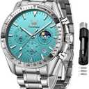 OLEVS Men Skeleton Watches Stainless Steel Analog Quartz Moon Phase Male Watch, Diamond Multi Calendar Chronograph Watch,Waterproof Wrist Watch for Men