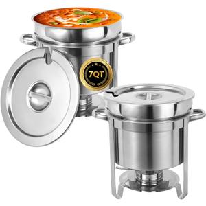 IMACONE Soup Chafer 7QT Large Capacity Soup Chafer Sets of 2, Stainless Steel Round Soup Warmer w/Pot, Notched Lid & Fuel Holder, Catering Marmite for Party, Buffet, Event & Commercial Food Service