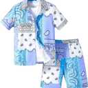SOLY HUX Boy's Summer 2 Piece Outfits Boho Paisley Print Short Sleeve Button Down Shirt and Shorts Set (Blue)