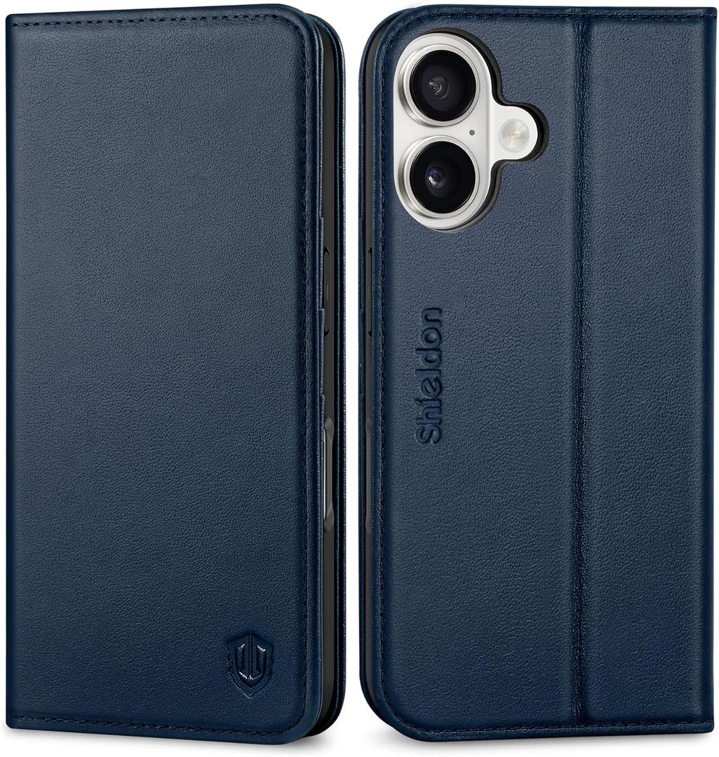 SHIELDON Wallet Case for iPhone 17 6.3-inch 2025 | Genuine Leather | Foldable | RFID Blocking Credit Card Holder | Kickstand | Magnetic Closure | Shockproof TPU Phone Cover | Navy Blue