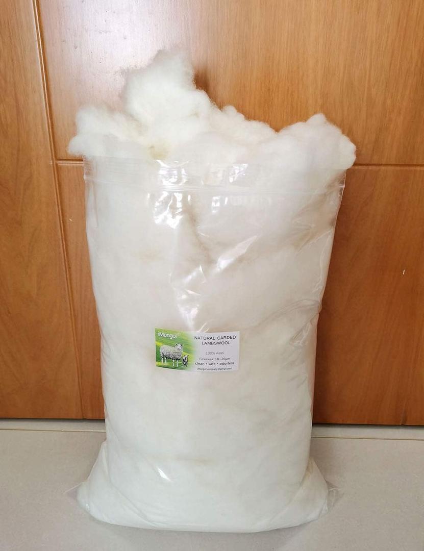 iMongol Carded Lambs Wool Stuffing Batting for Needle Felting, Knitted Crafts, Bright Creations, Pillow Filler, Stuffed Animals, Cushions,Super Clean Fine, Natural White(1lb)