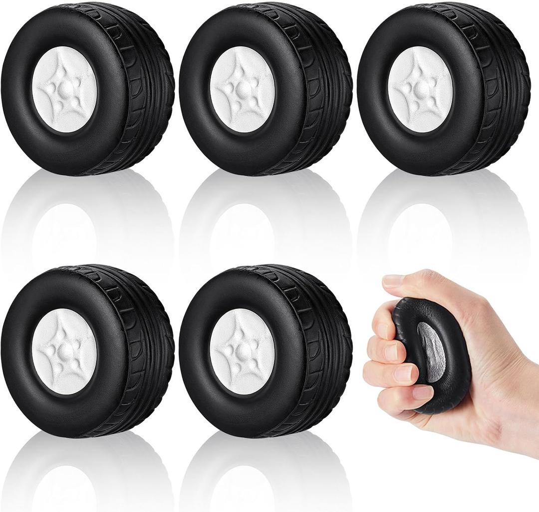 Chivao 6 Pcs Racing PU Foam Stress Toys Squeezable Wheel Stress Toys Car Party 2.56 x 1.57 Inches for Adults Anxiety Relieve Boys Racing Theme Birthday Party Supplies Black White