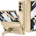 Z Fold 5 Case, One-Piece Housing Hinge Protection Leather ZFold5 Case with Kickstand, Compatible with Samsung Galaxy Z Fold 5 2023 (Gold)