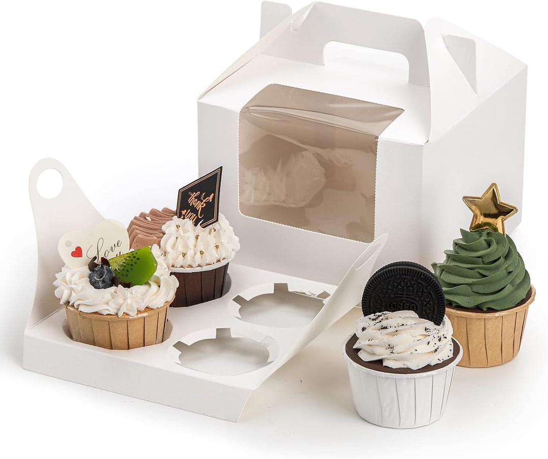 Jucoan 40 Pack Cupcake Containers, 4 Count White Kraft Paper Cupcake Boxes with Insert Window and Handle, Cupcake Holder Bakery Pastry Boxes, Gable Party Favor Treat Boxes for Wedding Birthday Party