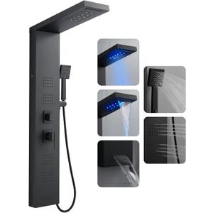 ROVOGO 46.5"H x 7.8"W Shower Panel Tower System with LED Lights, Rainfall Waterfall Shower Head, 4 Body Jets, Handheld Shower and Tub Spout, Stainless Steel Shower Column, Black