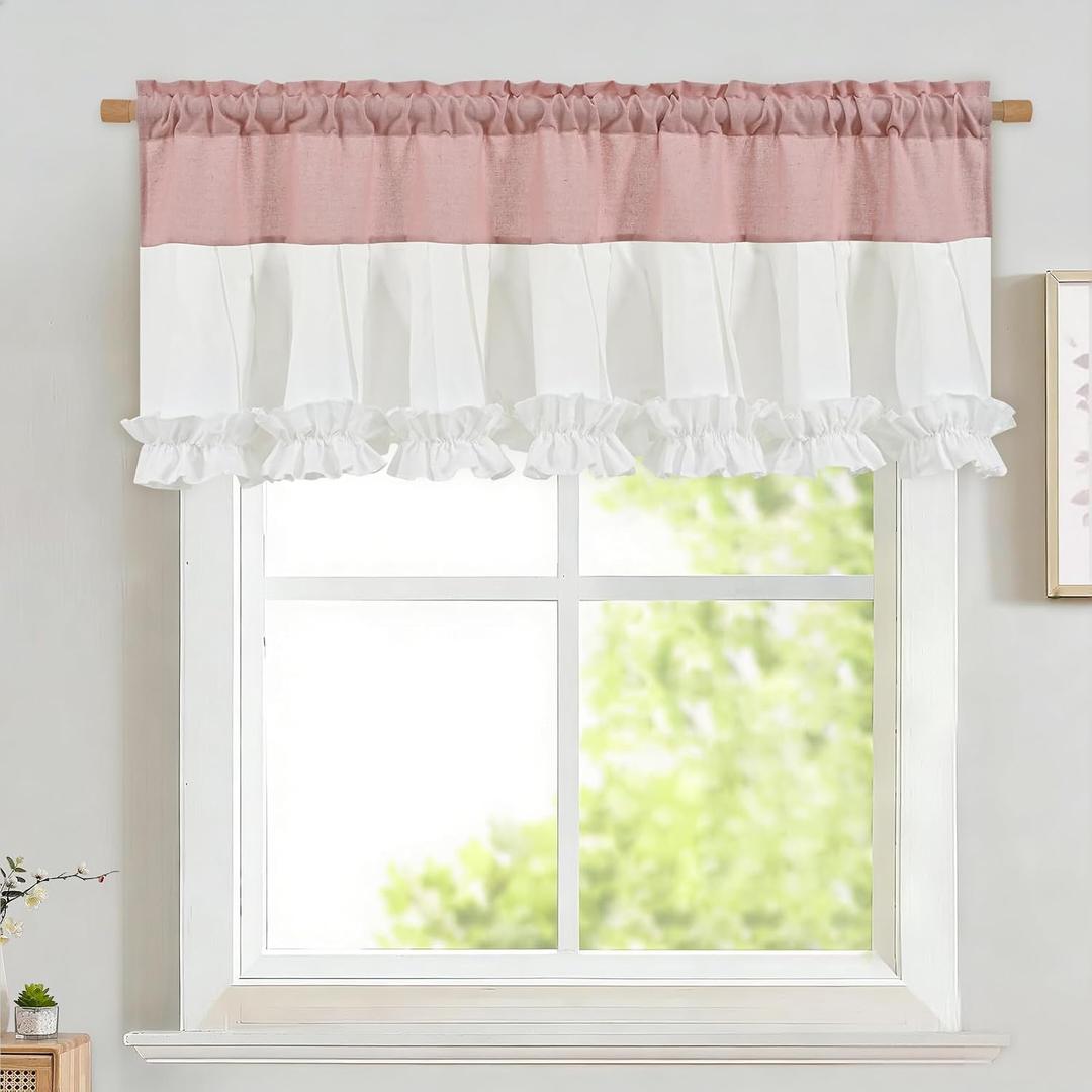 Likiyol Linen Valances for Windows Farmhouse Window Valances with Ruffle Rustic Country Light Filtering Kitchen Valance Curtains Rod Pocket Valance for Bathroom Cafe, Pink White, 52" W X 18" L