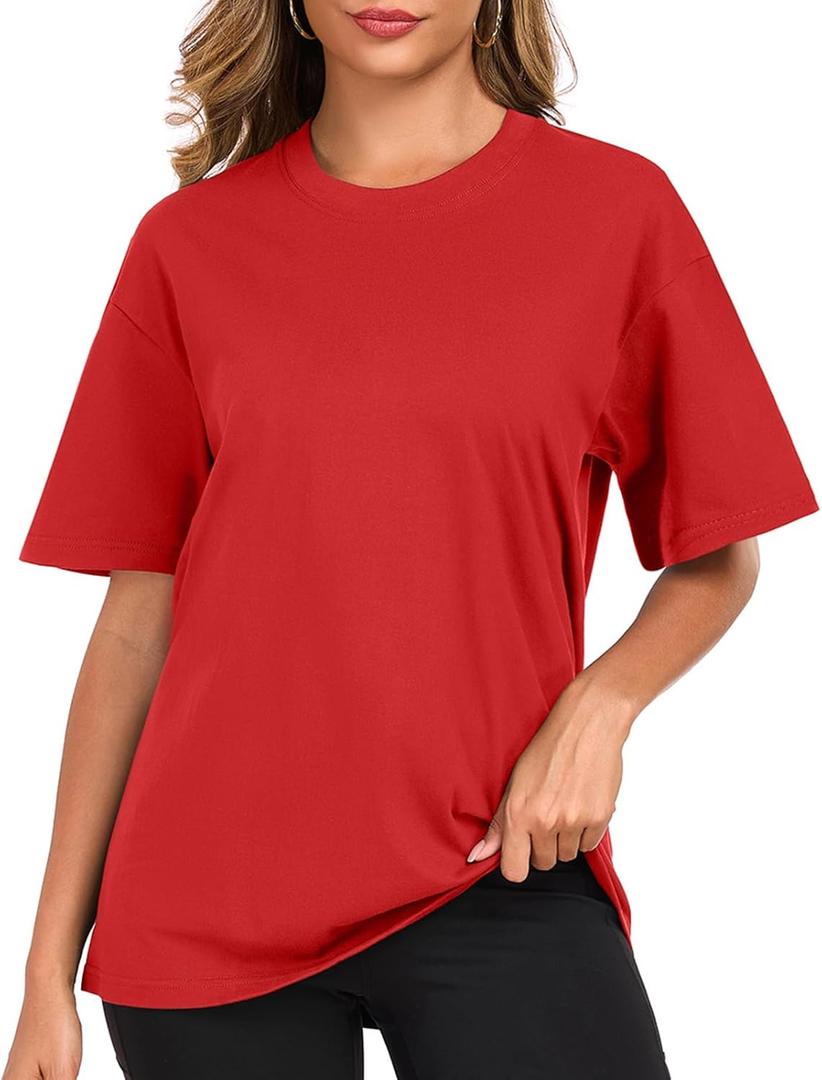 Womens Oversized Cotton T Shirts Crewneck Short Sleeve Tops Heavyweight Casual Loose Fit Drop Shoulder Fashion Tees (Large, Red)