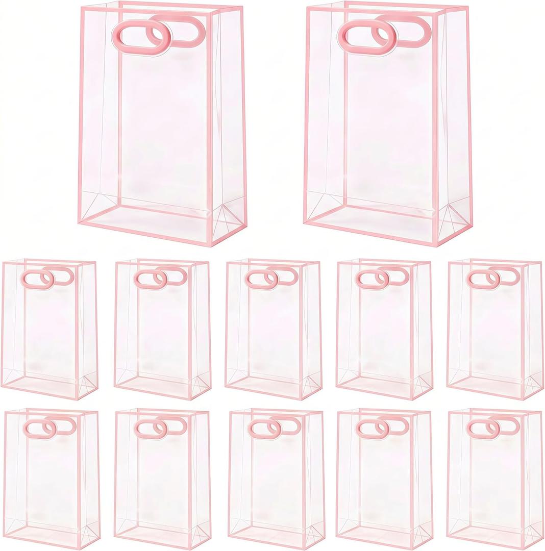 BeSlivewell 12 Pcs Clear Gift Bags with Handles 7.1"x10.2"x3.2" Plastic Party Favor Bag with Ribbon Reusable Goodie Bags Transparent Gift Wrap Bag Bulks for Bridal Wedding Birthday (Pink)