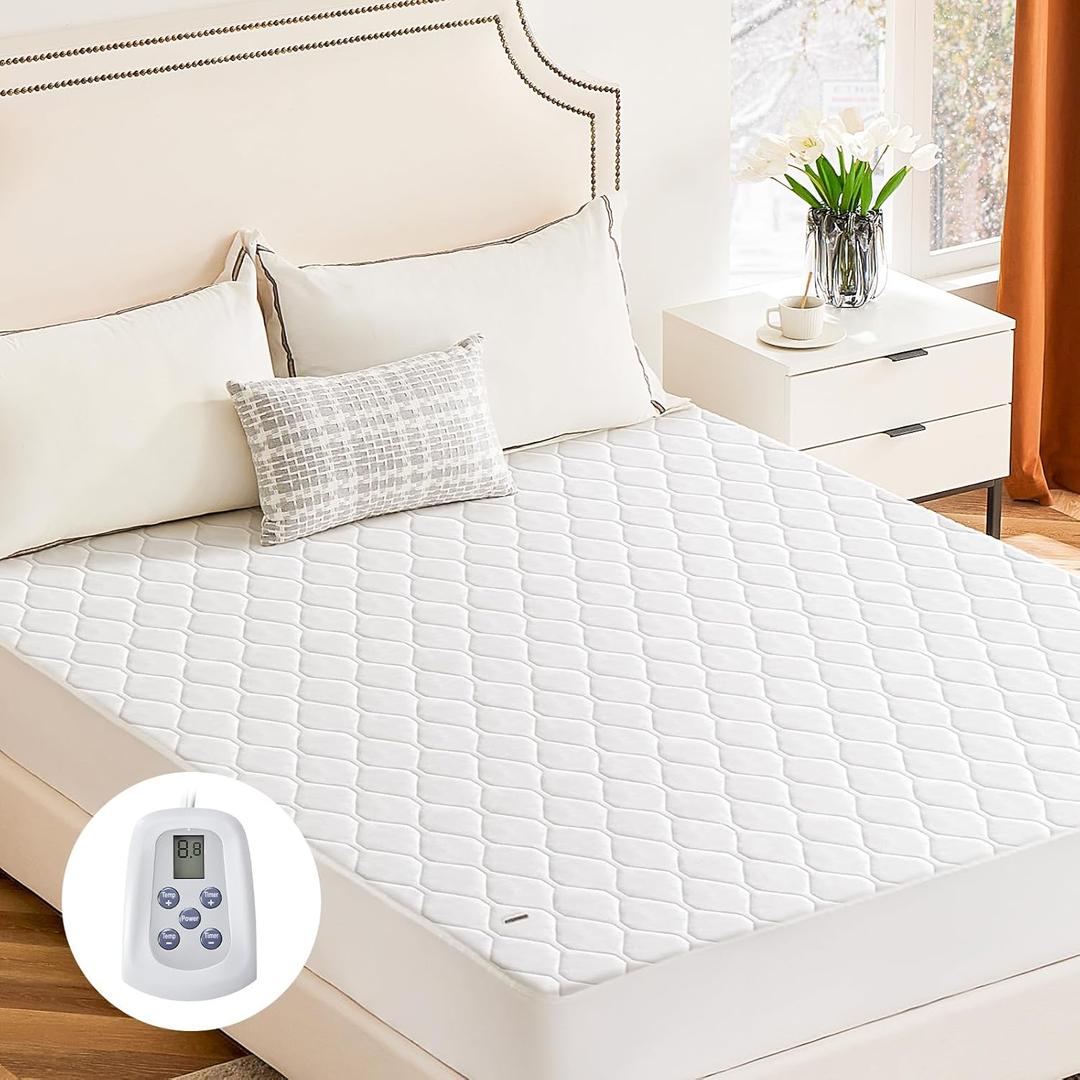 Sweetcrispy Heated Mattress Pad Twin Size (7539)  Quilted Electric Bed Warmer with 12 Heat Settings, 10Hour Auto ShutOff, Machine Washable, ETL Certified  White