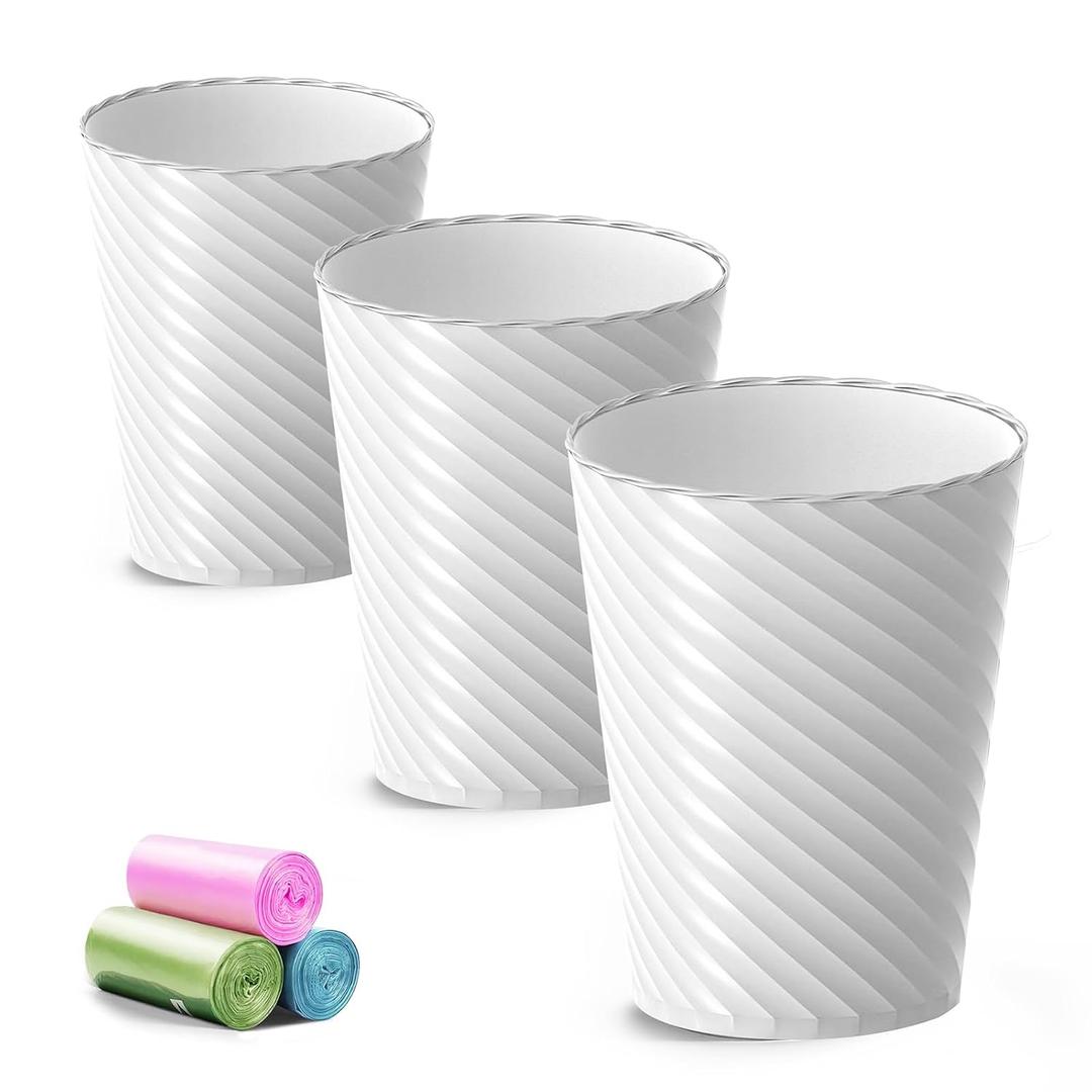 3 x Bathroom Trash Can, 3 Pack 1.8 Gallons Small Trash Can with Trash Bags, Bathroom Garbage Can, Plastic Trash Bin, Round Waste Basket for Living Room, Bedroom, Office, Kitchen, Compact Space (White)