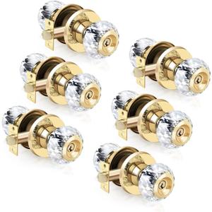 Crystal Door Knobs with Lock and Keys, 6 Pack Glass Door Knob - Interior Entry and Bedroom/Bathroom Privacy Knob, Gold