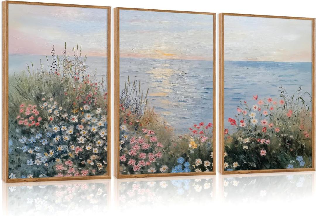 CHDITB Coastal Wildflower Framed Wall Art, Minimalist Beach Wall Decor, Nature Seaside Flower Painting, Modern Neutral Botanical Artwork Floral Ocean Art Prints For Living Room Bedroom Decor 12X16X3