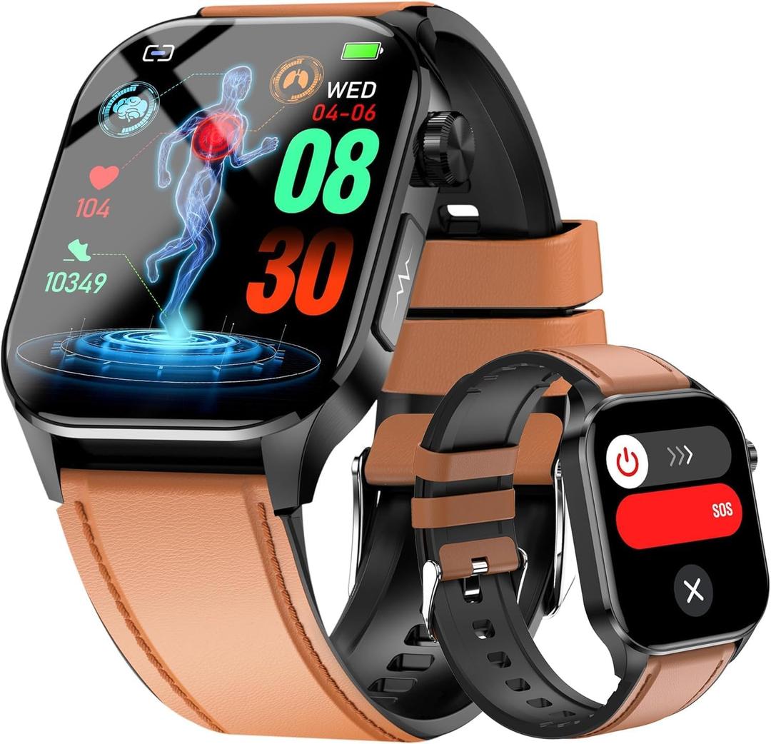 Advanced Health Smartwatch for Women Men with Real-Time Monitoring of Heart Rate, Blood Oxygen, Body Temperature, Blood Pressure, Sleep Quality and Stress Levels.Always-On Display (Brown)