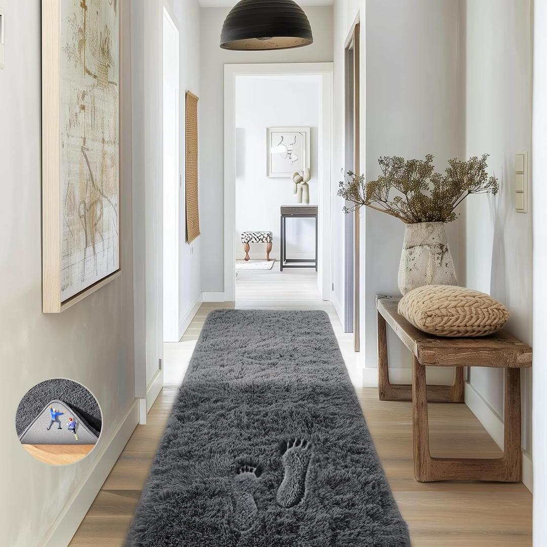 Ophanie Runner Rug for Hallway, 2x6 Upgrade Non-Slip Fluffy Soft Bedside Rugs, Bedroom Living Room Grey Shaggy Gray Carpet for Kids Girls Boys Dorm Nursery Home Decor Aesthetic