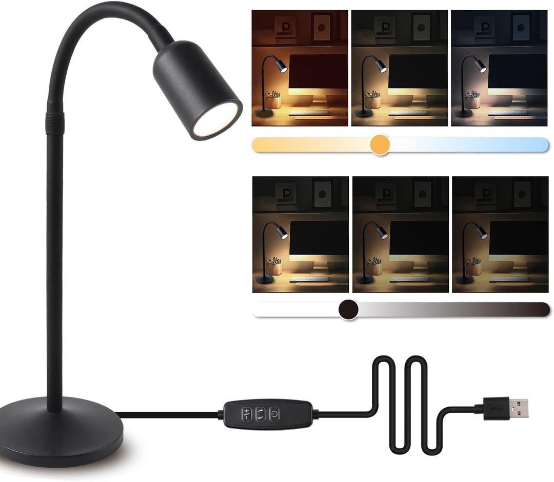 DAMI Small Desk Lamp with Flexible Gooseneck, USB Reading Light Nightstand with 3 Color Temperatures, Dimmable Eye-Caring Bedside Table Lamp for Home Office Bedroom Dorm RV - Black