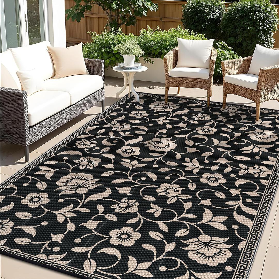 OLANLY Waterproof Outdoor Rug 8x10 ft, Outdoor Plastic Straw Rug with Flower Pattern, Reversible RV Mat for Patio, Camping, Balcony, Deck, Backyard, Black & Beige