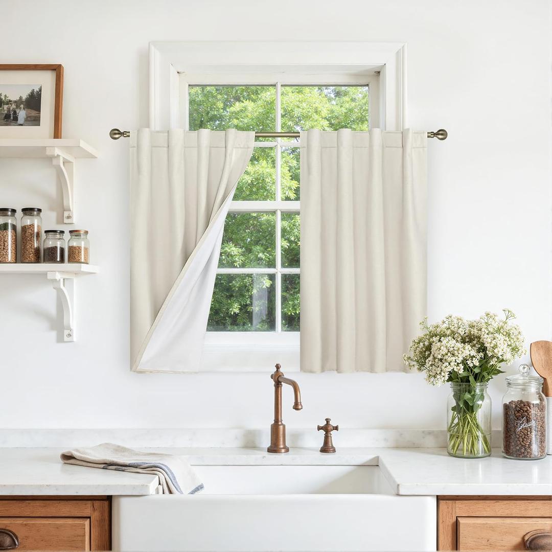 LAMIT Full Blackout Linen Kitchen Window Curtains, 36 Inches Back Tab and Rod Pocket Drapes for Bathroom Basement, Privacy Protected Neutral Panels with White Liner, 2 Panels, 29 x 36 Inch, Ivory