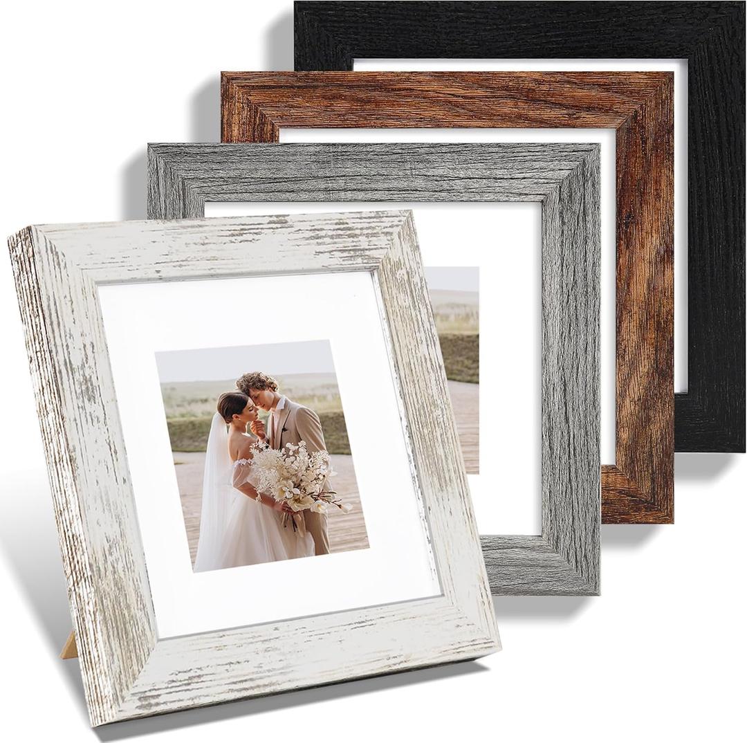 6x6 Picture Frame Set of 4, Made of Real Glass and Multicolour Wooden Frame, 6 by 6 Photo for Wall or Tabletop - Display Picture 4x4 with Mat or 6x6 Without Mat