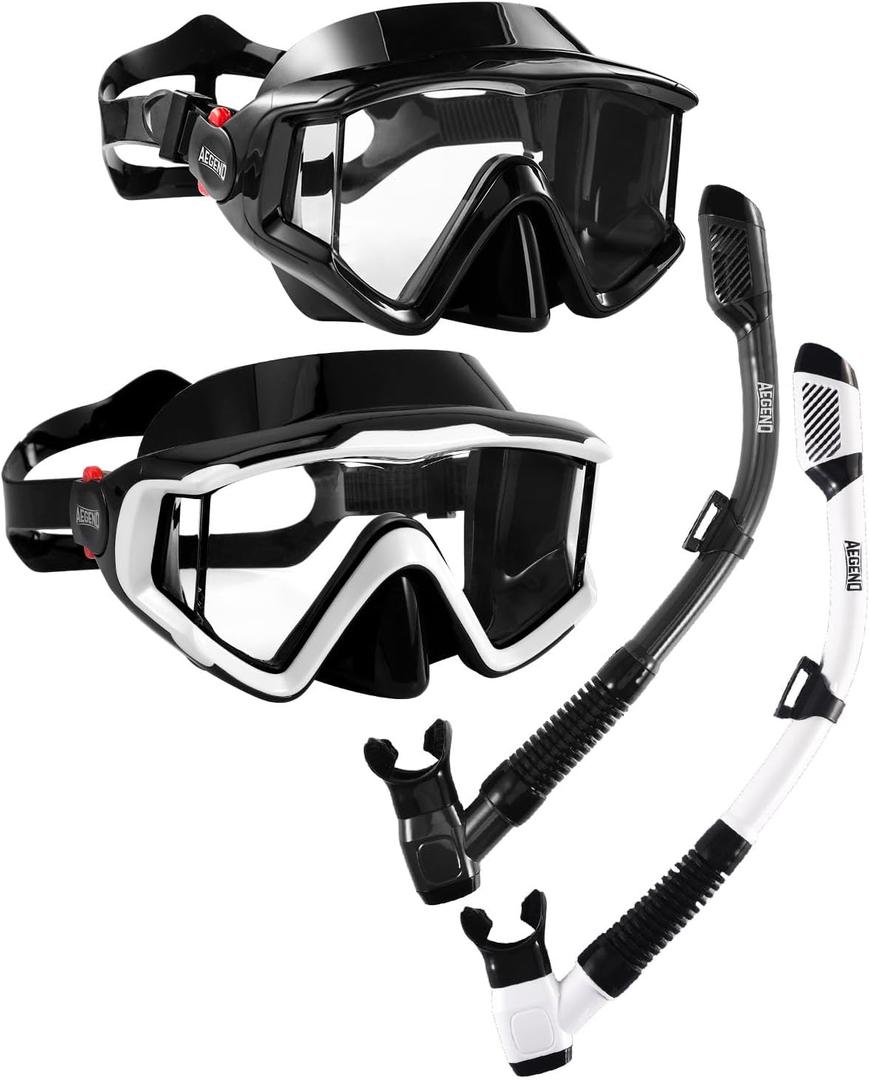 Aegend Snorkeling Gear for Adults Youth Kids, Dry Snorkel Set Panoramic View Enhanced Anti-Leak and Anti-Fog Technology, Adjustable Strap for Snorkeling Scuba Diving Swimming with Mesh Bag (2 PACK-Black & Black White)
