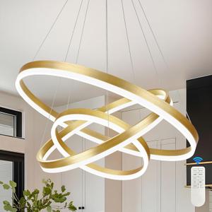 31.5" 3 Ring Modern Led Pendant Light Gold Modern Led Chandelier Contemporary Ring Chandeliers Dimmable Chandeliers Color Temperature Adjustable Height Hanging Chandelier for Living Room