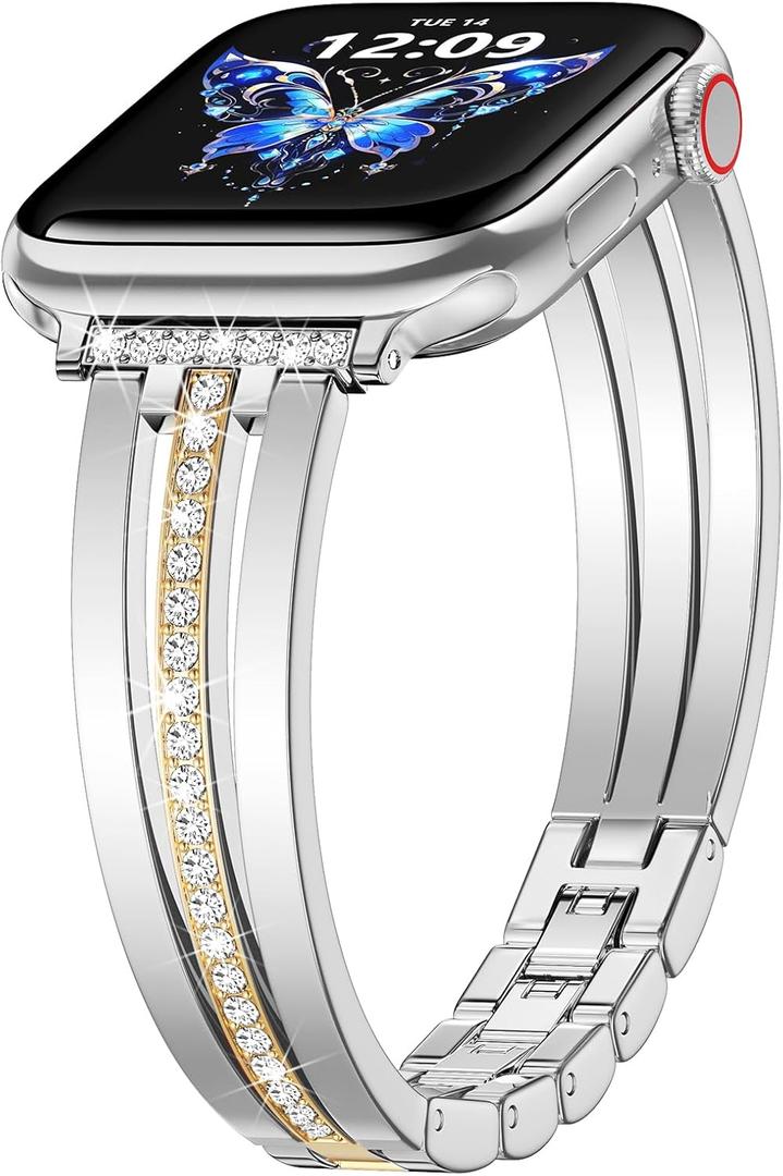 KOREDA Slim Gold Band Compatible for Apple Watch Band 38mm 40mm 41mm 42mm 44mm 45mm 46mm 49mm Series 11 10 9 8 7 SE Ultra Women, Thin Metal Dressy Jewelry Bracelet with Bling Diamond for iWatch Series 6/5/4/3/2/1