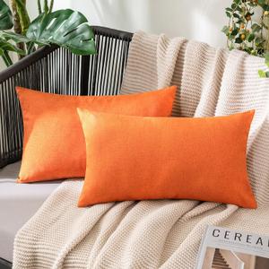 MIULEE Fall Pack of 2 Decorative Outdoor Solid Waterproof Throw Pillow Covers Polyester Linen Garden Farmhouse Cushion Cases for Patio Tent Balcony Couch Sofa 12x20 inch Bright Orange