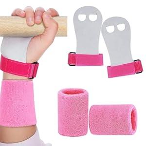 2 Sets Gymnastics Hand Grips Gloves Wristbands, Gymnastic Hand Grips Gymnastic Bar Palm Protection and Wrist Support Sports Accessories for Boys Girls Youth Kids Workout and Exercise (Small, Pink)