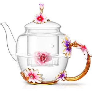 Luka Tech 35OZ Enamel Glass Flower Teapot With Removable Loose Tea Leaf Infuser Tea Maker,Gifts For Women,Mom,Mothers Day,Christmas,Birthday,Valentines Day