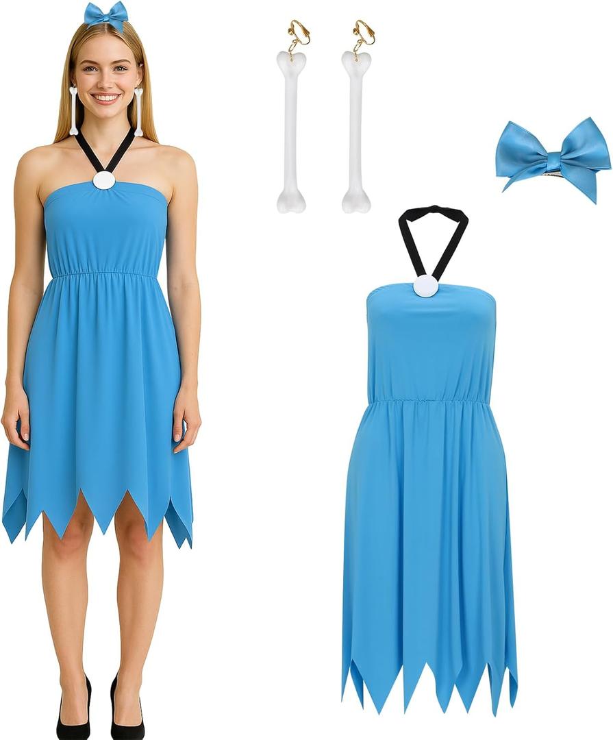 Women Costume Blue Dress Caveman Couple Halter Neck Gown Earrings Hair Bow Halloween Cosplay Outfit (X-Large)
