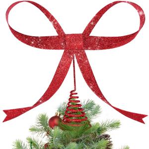 Large Glitter Red Bow Christmas Tree Topper,9.4 Inch Metal Tree Topper,Red Bow Christmas Decorations for Xmas Home Decor Holiday Party Indoor Outdoor Shop Office