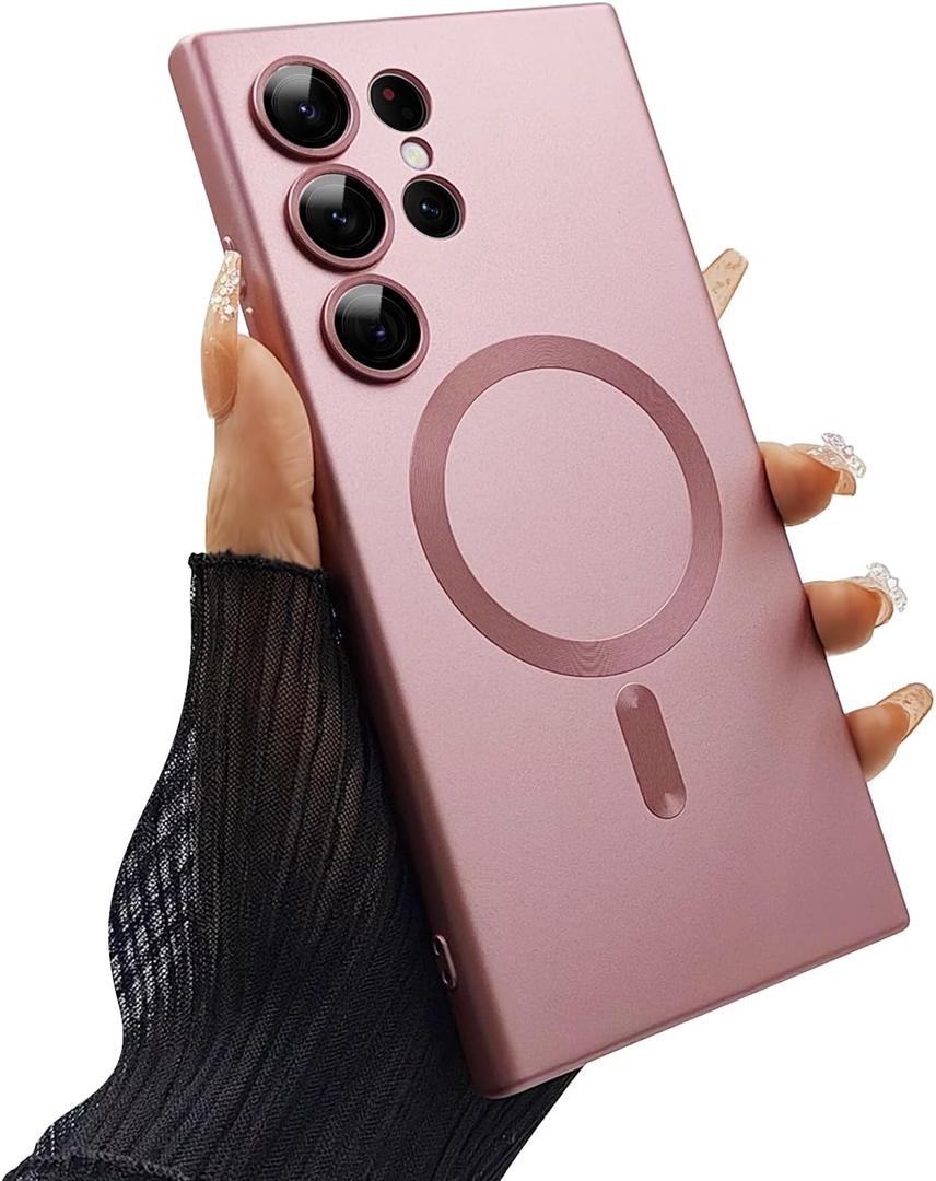 Magnetic case for Samsung Galaxy S24 Ultra Phone Case for Women/Men, Matte Luxury Soft Metallic Luster Design with Camera Lens Protector, Shockproof Anti-Scratch Phone Case 6.8" -Pink