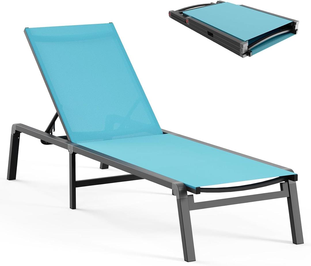 Aluminum Chaise Lounge Ourdoor - Foldable & Assemble Free Outdoor Lounge Chair with 5 Adjustable Backrest, Patio Lounge Chair for Outside Poolside Beach Pool, Lake Blue (1 Pack)
