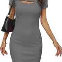VICHYIE Womens Summer Dresses Cutout One Piece Ribbed Bodycon Mini Short Sleeve Casual Slim Fitted Pencil Dresses (Gray, L)