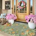 Sage Green Floral Entry Rug - 3x5 Ft Washable Indoor Outdoor Mats for Front Door Non-Slip Porch Rug Non-Slip Boho Throw Rugs for Living Room Bedroom Entryway Kitchen Office Porch Decor