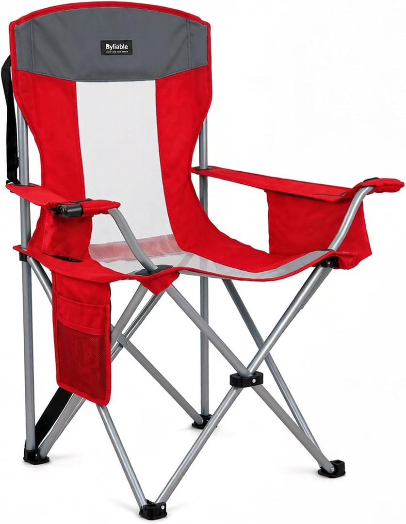 Byliable Oversized Camping Chairs Portable Outdoor 330LBS Capacity Folding Lawn Chairs for Adults with Cooler Bag,Cup Holder and Side Pocket for Beach, Sports, Tailgates, Fishing, Hiking, Red, 40.16 inches x 23.62 inches x 23.62 inches