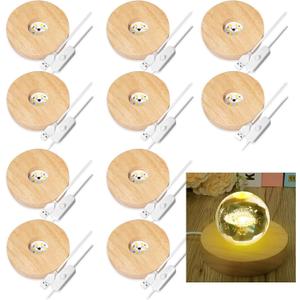 10 Pcs Wooden LED Display Bases Round Wood Display Lighted Bases for Glass Art LED Lighted Display Stand Bases for 3D Crystal Ball Room Office Home Decor