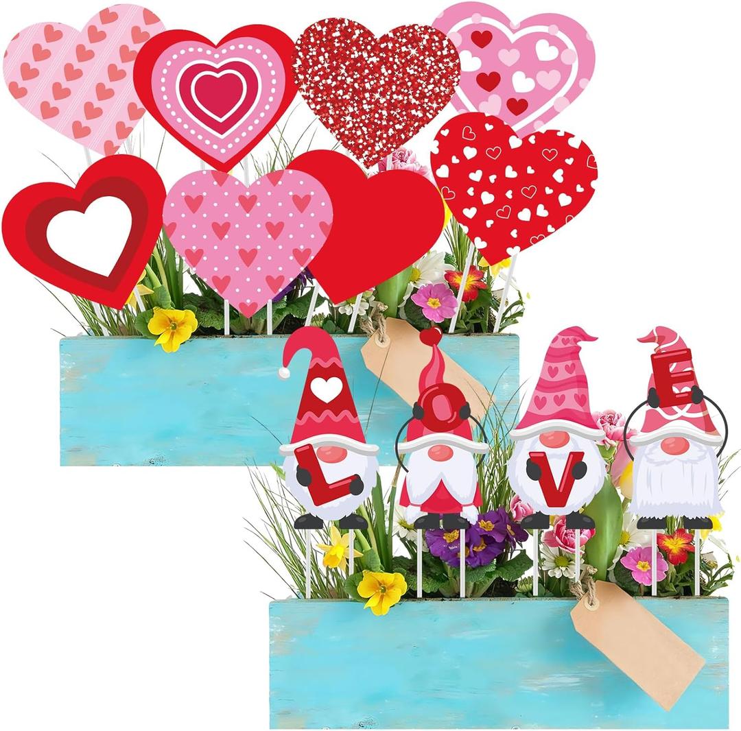 Bucherry 12 Pcs Valentine's Day Love Gnome and Heart Shape Planter Stakes Valentines Day Decorative Garden Yard Stakes Valentines Flower Pots Signs for Home Anniversary Party Outdoor Lawn Decor