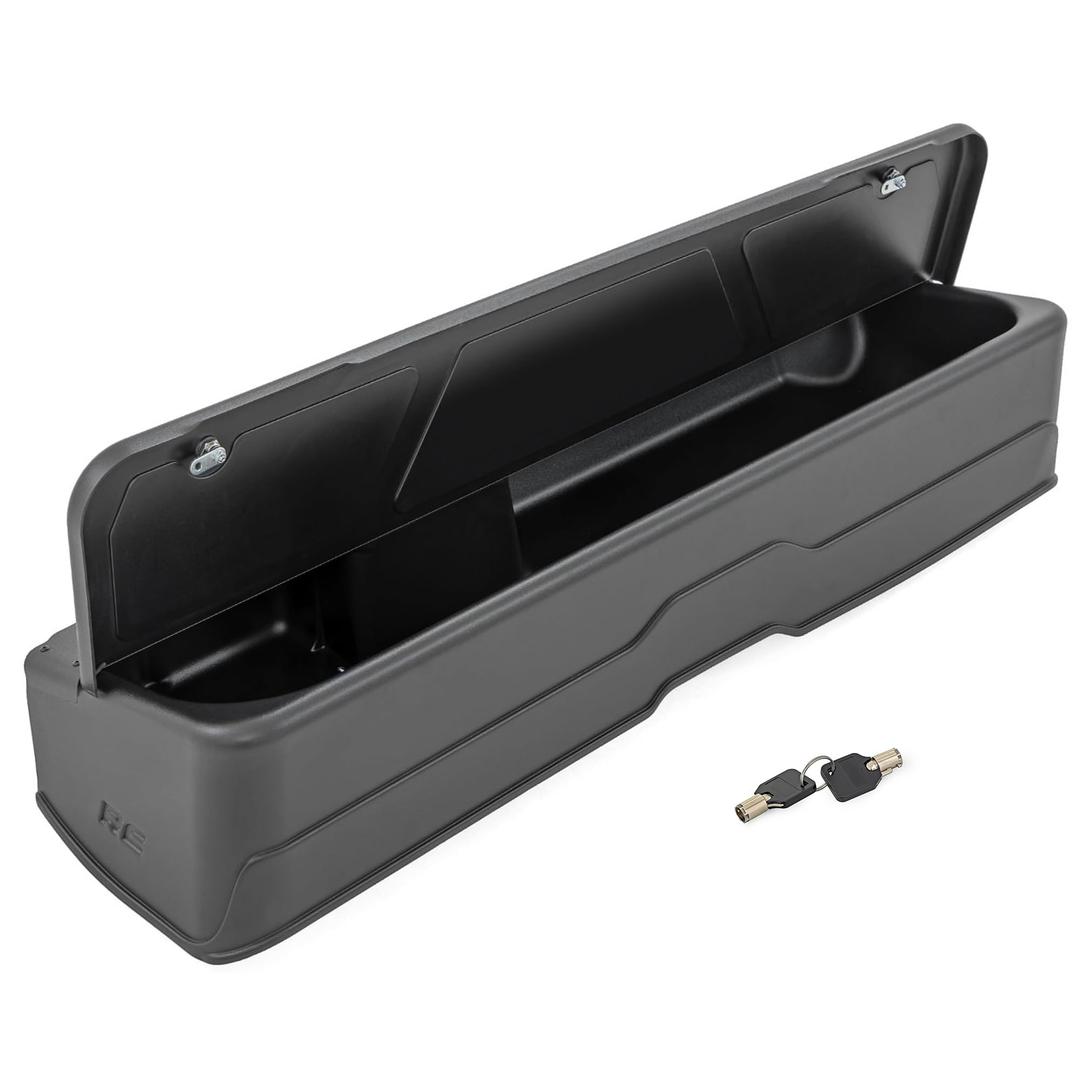 Rough Country Under Seat Storage for Chevy Silverado & GMC Sierra 1500/2500HD/3500HD Crew Cab (2019-2026) - Custom Rear Under Seat Organizer Tray with Lockable Lid