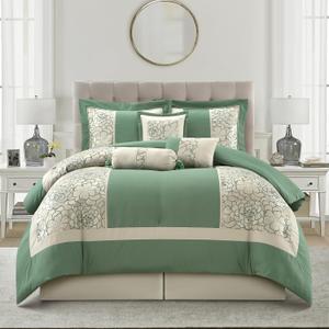 Stratford Park Green Comforter Set Queen Size, 7 Piece Jacquard Soft Bedding Set, All Season, Bedskirt, Pillows & Shams